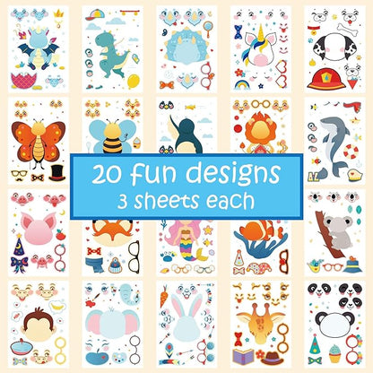 Gooji DIY Make Your Own Stickers for Kids, 60 Sheets Over 1,200 Stickers, 20 Funny Characters and Animals, Customizable Faces with Accessories, Reusable for Party Favors or Arts and Crafts Projects