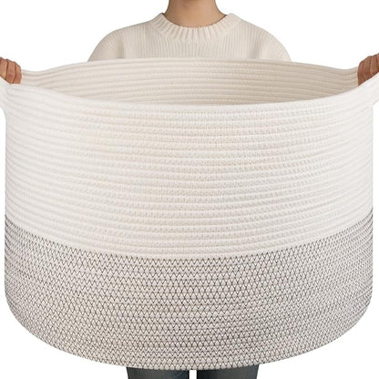 OIAHOMY 90L XXXLarge Blanket Basket for Living Room, 21.7" x 13.8" Woven Cotton Rope Laundry Basket for Organizing Pillows, Decorative Stuffed Animal Toy Storage Bin for Nursery, Black and White