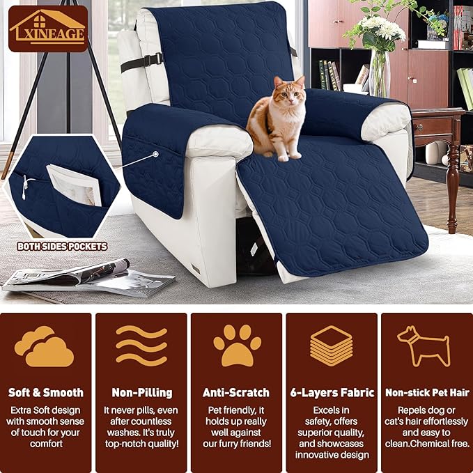 XINEAGE 100% Waterproof Recliner Chair Cover, Non Slip Covers for Recliner Chair with Pocket, Washable Dog Recliner Couch Cover with Elastic Straps (Dark Blue, 23.6")