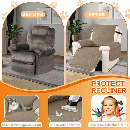 XINEAGE 100% Waterproof Recliner Chair Covers with Elastic Straps, Nonslip Reclining Couch Covers Washable Recliner Couch Cover with Pockets Furniture Protector for Pets Dogs (Light Coffee, 30")
