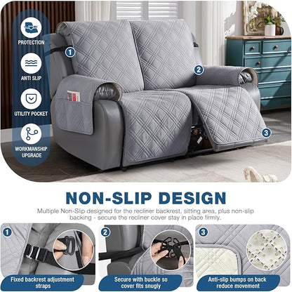 TAOCOCO 100% Waterproof Loveseat Recliner Cover with Anti Slip Backing, Split Loveseat Covers for Reclining Loveseat with Elastic Straps Furniture Protector for Kids Pets(2 Seater, Light Grey)