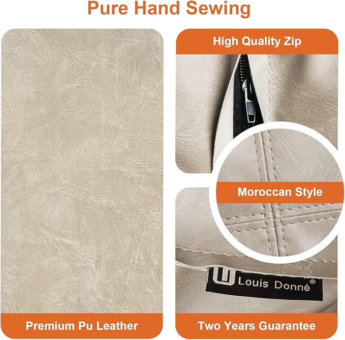 Louis Donné Unstuffed Pouf Ottoman Footstool Cover Handmade Faux PU Leather Moroccan footrest Cover for Living Room Storage Clothes blancket Balcony Office Outdoor Square Beige 17.7"(Only Cover)