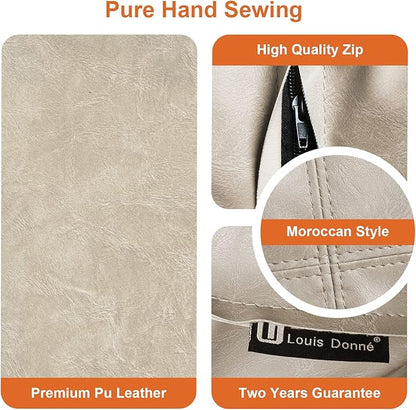 Louis Donné Unstuffed Pouf Ottoman Footstool Cover Handmade Faux PU Leather Moroccan footrest Cover for Living Room Storage Clothes blancket Balcony Office Outdoor Square Beige 17.7"(Only Cover)