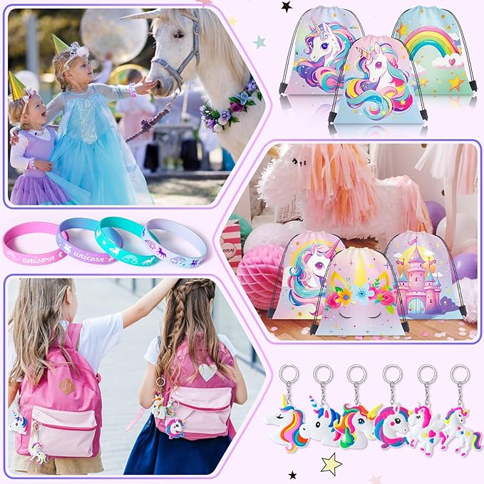 12 Sets Unicorn Party Favors Birthday Supplies for Girls Kids, Drawstring Bag Silicone Bracelet Tattoo Sticker Keychain Unicorn Pinata Filler Goodie Bag Stuffers Unicorn Birthday Party Supplies