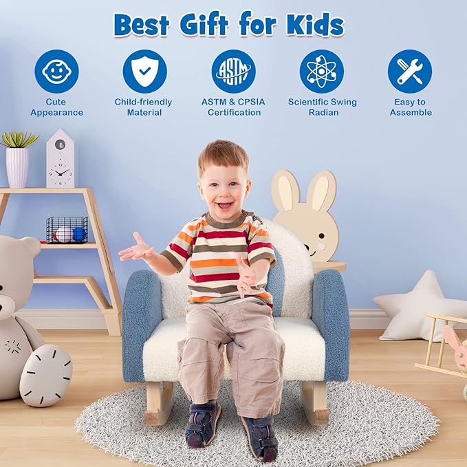 Costzon Kids Blue Rocking Chair with Solid Wood Frames, Plush Fabric, Anti-Tip Design for Kids Room, Nursery, Playroom, Preschool, Birthday Gift for Boys Girls, Toddler Furniture Armchair