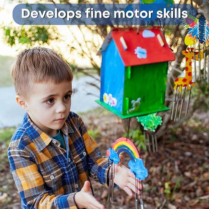 9 Wooden Birdhouses & 9 Wind Chimes -Art & Crafts for Kids Ages 4 5 6 7 8 - Kids Bulk Arts and Crafts Set with Painting Kit -DIY Wood Bird House and Windchimes Kits for Boys Girls to Build & Paint