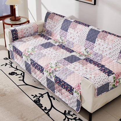 EVENHUG Loveseat Sofa Cover Patchwork Floral Sofa Slipcover Washable Couch Cover 2 Cushion Sofa Furniture Protector Cover with Elastic Straps for Pets Kids Dog Cat (Loveseat,Pink&Purple)