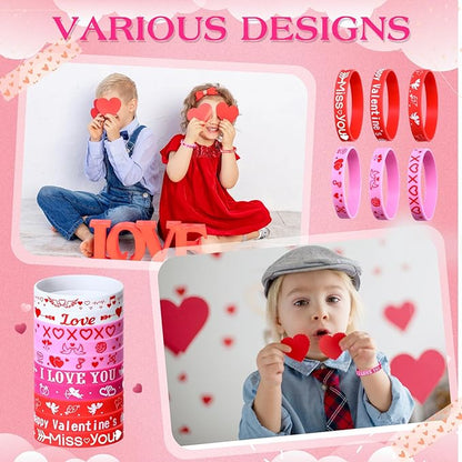 300 Pieces Valentines Day Wristbands - Silicone Bracelets - Red Pink Love Heart Accessories - Gift for Valentines Day Party Decoration Party Favors School Gifts Supplies