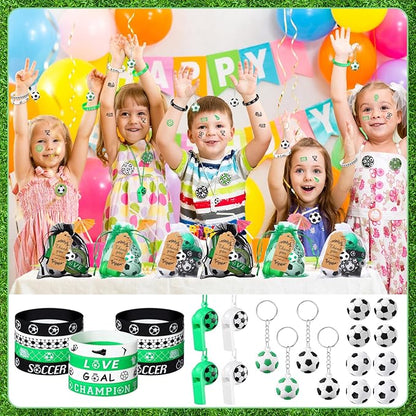 Aoriher 266 Pcs Soccer Party Favors Sports Party Supplies Gifts Set Stress Ball Stickers Whistle Keychain Bracelet Erasers Badges Organza Bags Thank You Tags