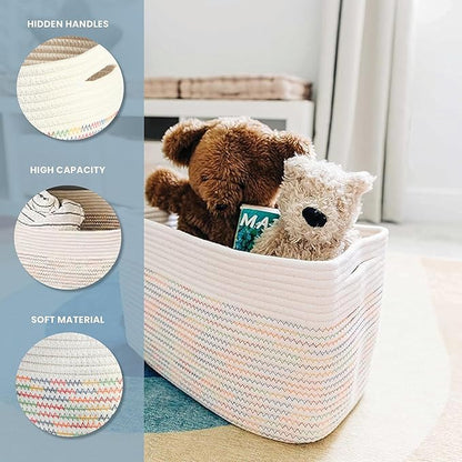 OrganiHaus Set of 3 Rainbow Baskets - Colorful Woven Storage Baskets for Playroom, Nursery & Classroom Decor, Toy Storage, Rainbow Stitches, 15x9x10