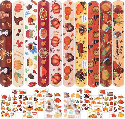 40PCs Thanksgiving Slap Bracelets for Kids with Thanksgiving Tattoo, Turkey Pumpkin Autumn Maple Leaf Snap Band for Fall Party Favors Decor