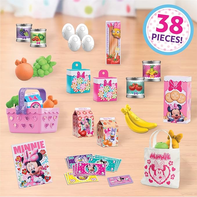 Disney Junior Minnie Mouse Marvelous Market, Pretend Play Cash Register with Realistic Sounds, 38 Play Food Pieces and Accessories, Officially Licensed Kids Toys for Ages 3 Up by Just Play