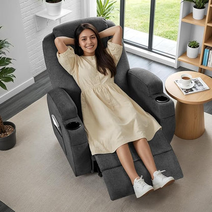 Recliner Chair, 360° Swivel Rocker Chair for Adults, Rocking Recliner Chair with Massage, Comfy Single Sofa with Side Pockets Cup Holders for Living Room, Bedroom, Nursery (Fabric, Gray)