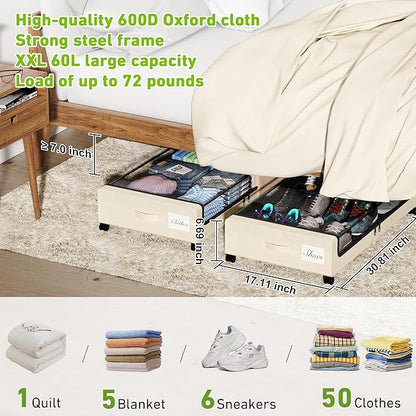 Tututry Under Bed Storage with Wheels, XXL 60L Under the Bed Storage Bins, Underbed Storage Containers with Lids & Label, Rolling Metal Drawer for Shoes, Clothes, Books, Toys (2-Pack Beige)