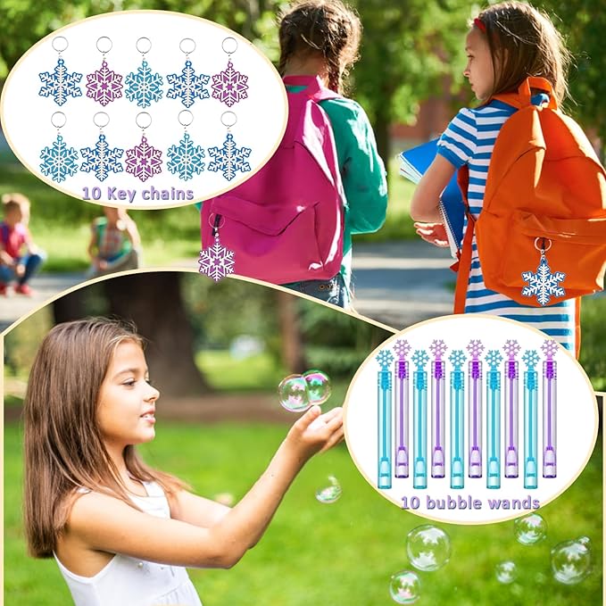 132Pcs Snowflake Party Favors Set Birthday Party Supplies Include 12 Bracelets, 10 Keychain, 10 snowflake squishies,10 wristbands,10 Hair accessories,10 straws,10 Bubble,50 Stickers and 10 Gift bags
