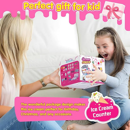 Ice Cream Toys, Wooden Ice Cream Play Set, Pretend Play Toys, 47 Pcs Wooden Play Kitchen Accessories with Menu & Scoop & Menu & Fake Money, Ice Cream Toys for Toddlers 3 4 5 6 Girls Boys Birthday