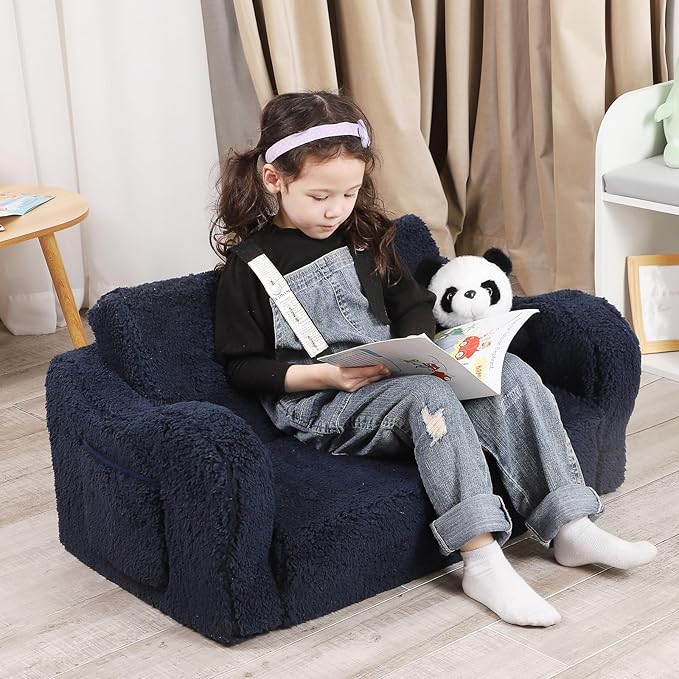 Kids Extra Wide Chairs for Toddler, 2-in-1 Toddler Soft Sherpa Couch Fold Out, Convertible Sofa to Lounger for Girls and Boys, Dark Blue