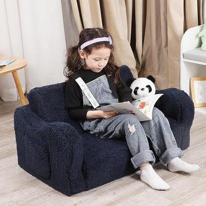 Kids Extra Wide Chairs for Toddler, 2-in-1 Toddler Soft Sherpa Couch Fold Out, Convertible Sofa to Lounger for Girls and Boys, Dark Blue