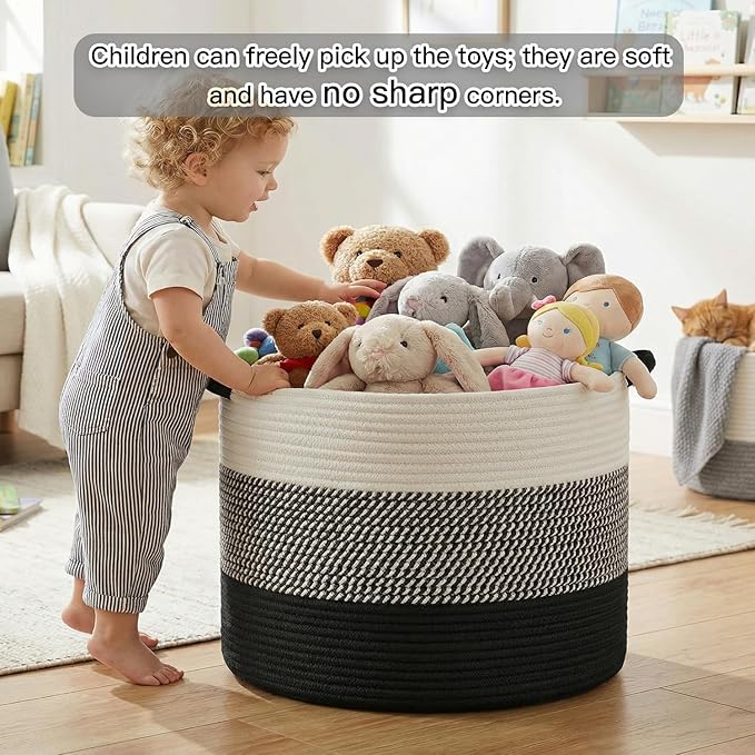 Artfeel 100L Large Cotton Rope Basket, Decorative Woven Blanket Storage for Living Room, Boho Toy Storage & Toy Box for Kids, Versatile Laundry Basket & Nursery Hamper for Blankets(Black)