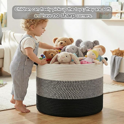Artfeel 40L Large Cotton Rope Basket, Decorative Woven Blanket Storage for Living Room, Boho Toy Storage & Toy Box for Kids, Versatile Laundry Basket & Nursery Hamper for Blankets(Black)