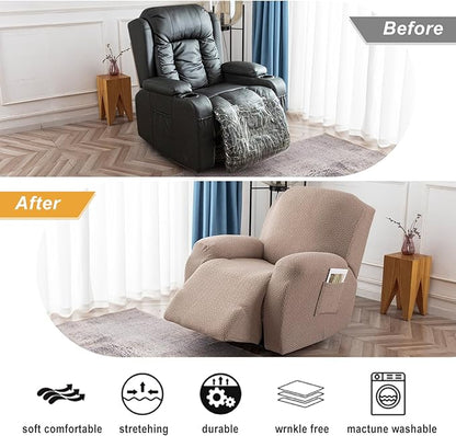 Genina Recliner Chair Covers, Stretch Reclining Chair Covers, Recliner Sofa Slipcovers Stripe Jacquard Lazy Couch Covers Furniture Protector Covers for Pet Kid (Taupe, 1 Seater)