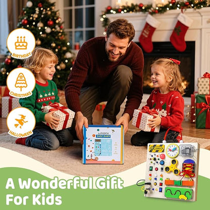 Busy Board Montessori Toys for 1 2 3 Years Old Toddler,Wooden Sensory Educational Fidget Board Toy with Led Light Up Switches & Music Boxes,Travel Toys for 1+ Year Old Boy & Girl Birthday Gift