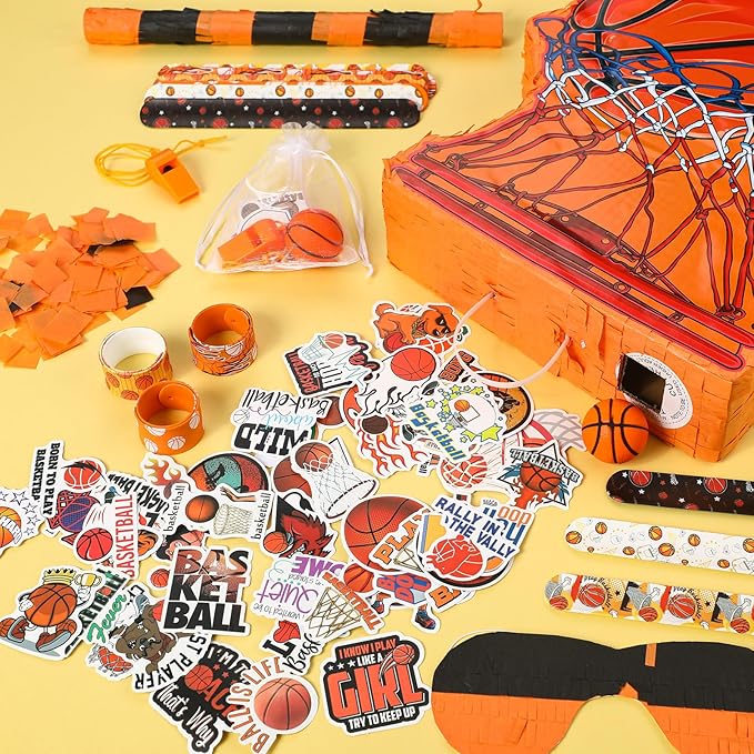 152 Pcs Ball Piñata Ball Party Supplies with Blindfold and Stick for Kids Birthday Party Decorations Foam Stress Balls Slap Bracelets Whistle Ball Favors for Boys Girls(Basketball)