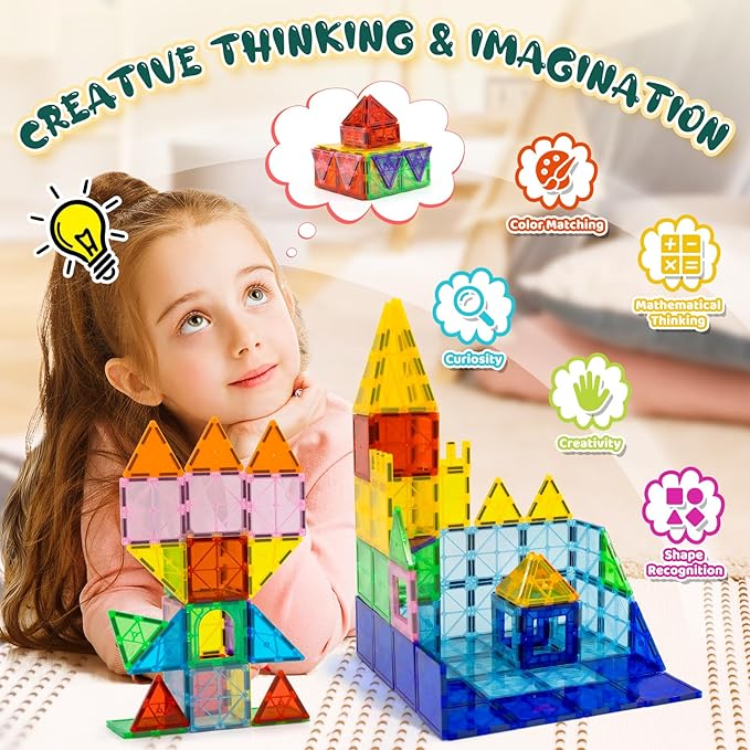EchoPlan 130 PCS Magnetic Tiles,Magnetic Building Blocks with 2 Cars,Magnet Tiles 3D Clear Construction STEM Preschool Sensory Educational Toys Set for Kids Toddlers Boys 3 4 5 6 7 8 9+ Year Old
