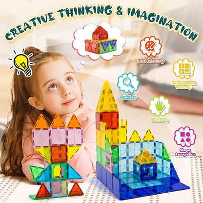EchoPlan 130 PCS Magnetic Tiles,Magnetic Building Blocks with 2 Cars,Magnet Tiles 3D Clear Construction STEM Preschool Sensory Educational Toys Set for Kids Toddlers Boys 3 4 5 6 7 8 9+ Year Old