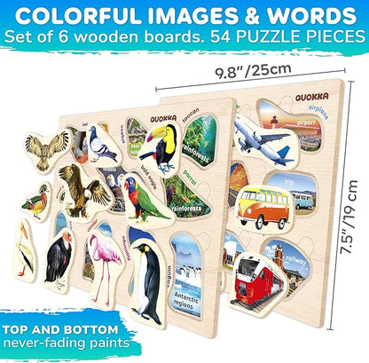 QUOKKA Toddler Puzzles Ages 2-4 in a Bag – 6 Montessori Wooden Puzzles for Toddlers 3-5 Year Old – Preschool Wood Game for Boys and Girls 4-6 – Gift for Learning Realistic Animals Fruits Vehicles