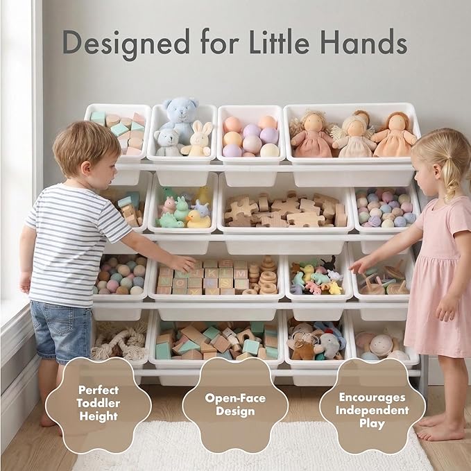 Humble Crew Toy Storage Organizer with 16 Removable Storage Bins for Kids Playroom, 4-Tier Toddler Toy Organization and Storage, Dark Grey/White