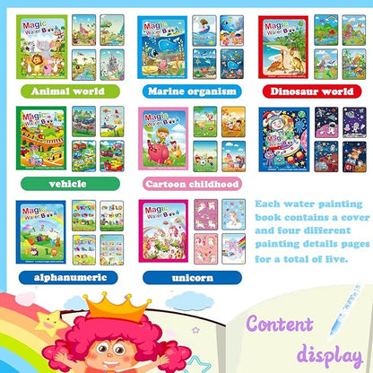 Water Coloring Painting Books for Kids,Reusable Water Doodle Book Toys for Toddlers Car Travel,16pcs Portable Drawing Kits with16pcs Pens,Dinosaur,Unicorn,Train,Space