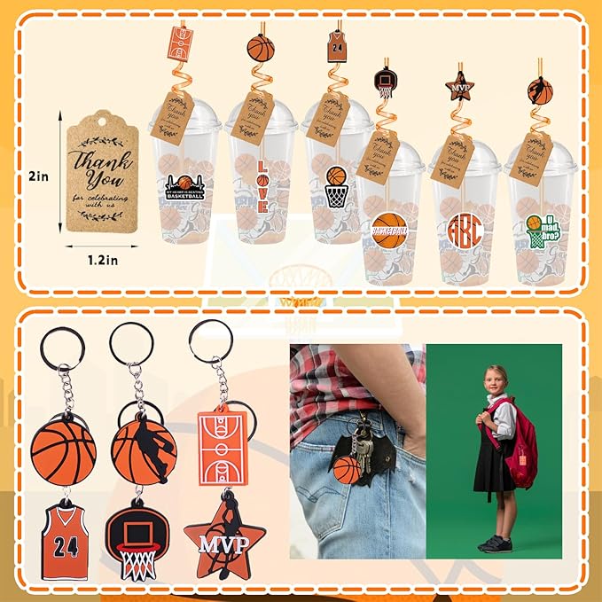 Basketball Party Favors, 172 pcs Birthday Party Supplies contains Cups, Straws, Whistles, Bracelets, Keychains, Stickers, Soft Balls, Tatoo Stickers, Thank You Tags for Sport Themed Birthday Decors