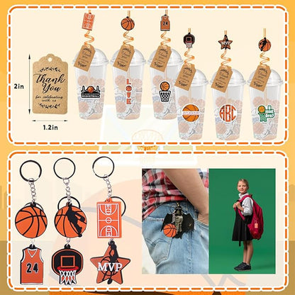 Basketball Party Favors, 172 pcs Birthday Party Supplies contains Cups, Straws, Whistles, Bracelets, Keychains, Stickers, Soft Balls, Tatoo Stickers, Thank You Tags for Sport Themed Birthday Decors