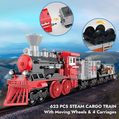 BRICK STORY City Freight Building Set, Retro Cargo Train Model, Classic Steam Train Building Blocks Toys, Creative Gift for Boys Kids Aged 8-14, 623 Pieces