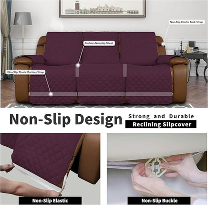 Easy-Going Recliner Sofa Cover, Reversible Couch Cover for 3 Seat Recliner, Split Sofa Cover for Each Seat, Furniture Protector with Elastic Straps for Kids, Dogs, Pets(3 Seater, Wine/Beige)