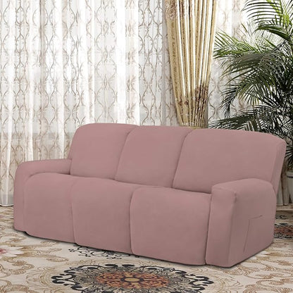 Easy-Going 8 Pieces Microfiber Stretch Sectional Recliner Sofa Slipcover Soft Fitted Fleece 3 Seats Couch Cover Washable Furniture Protector with Elasticity for Kids Pet(Recliner Sofa, Pink)
