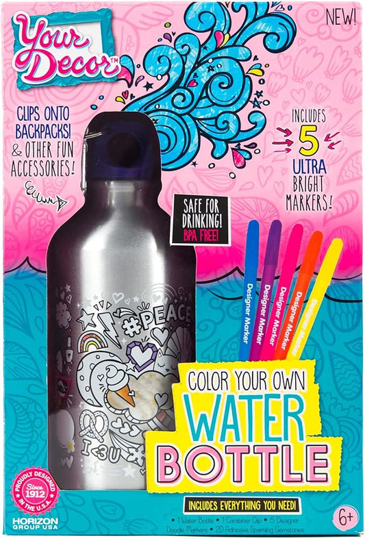 Just My Style Color Your Own Water Bottle, Includes Markers & Gemstones, Personalized Craft Kit for Kids, DIY Decorating, Gift for Girls