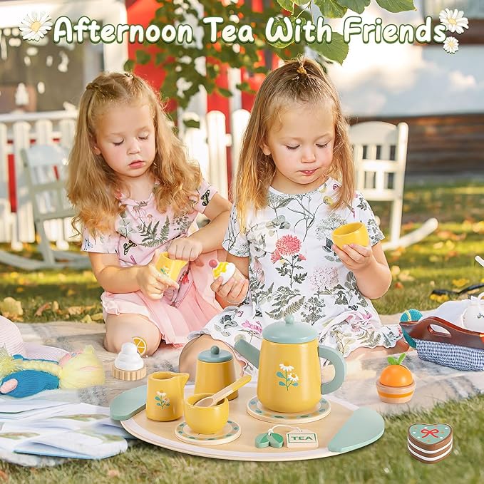 Toyssa Wooden Tea Party Set for Little Girls Toys Toddler Pretend Food with Tea Tray & Play Kitchen Accessories, Wooden Toys for Toddlers 3 4 5 6 Years Old, Birthday Kids Girls Gifts 3-6