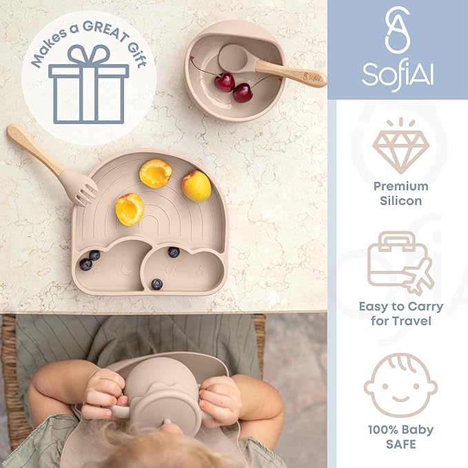 All In One Silicone Baby Feeding Set By SofiAl - Safe for 6-12 Months - Non-Toxic Baby Led Weaning Supplies - Toddler Self Feeding Utensils - BPA-Free - Mess Free Baby Feeding Essentials