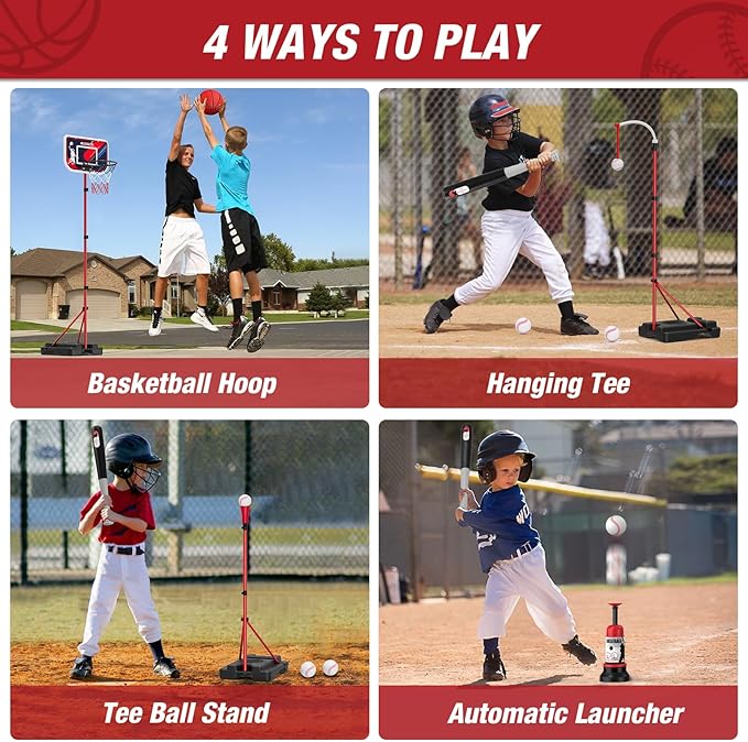 HYES 4 in 1 Kids Basketball Hoop and Tball Set for Toddlers 3-5, Adjustable Hanging Tee Ball Stand with Automatic Baseball Pitching Machine, Indoor Outdoor Sport Toys Birthday for Boys