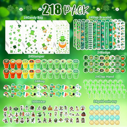 218 Pcs St. Patrick's Day Accessories Party Favors for Kids Include Gift Bag Slap Bracelet Badge Sticker Stamper Ring Hand Clapper Coin, St. Patrick's Day Gifts Irish Party Supplies