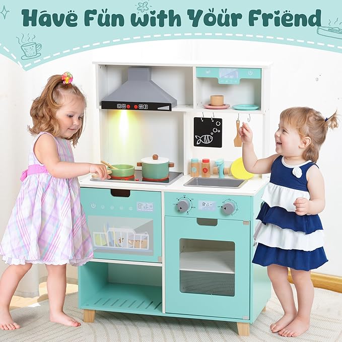 CUTE STONE Play Kitchen for Kids, Wooden Kitchen Playset with Real Lights & Sounds, Toy Kitchen Set with Cookware Accessories, Chef Pretend Play Kitchen Set for Toddlers Girls Boys
