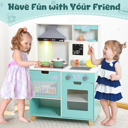 CUTE STONE Play Kitchen for Kids, Wooden Kitchen Playset with Real Lights & Sounds, Toy Kitchen Set with Cookware Accessories, Chef Pretend Play Kitchen Set for Toddlers Girls Boys