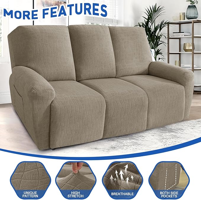 MAXIJIN Waterproof Recliner Couch Cover 5 Pieces Recliner Sofa Covers 3 Seater, Reclining Couch Furniture Protector with Elastic Straps & Pockets for Pet, Kids (Sofa Recliner, Khaki)