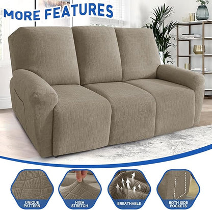 MAXIJIN Waterproof Recliner Couch Cover 5 Pieces Recliner Sofa Covers 3 Seater, Reclining Couch Furniture Protector with Elastic Straps & Pockets for Pet, Kids (Sofa Recliner, Khaki)