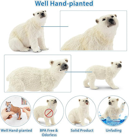 Toymany 6PCS Polar Bear Figurines Toy with Polar Bear Cub, 2-4" Realistic Plastic Arctic Animals Figures Family Set for Christmas Educational Toys Cake Toppers Birthday Gifts for Kids