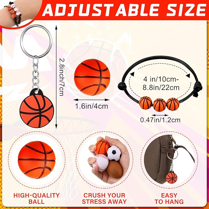 Nosiny 108 Pcs Baseball Party Favors Bulk 36 Pcs Baseball Keychain Gifts 36 Pcs Baseball Stress Balls 36 Pcs Baseball Charm Bracelets for Team Birthday Party Supplies(Basketball)
