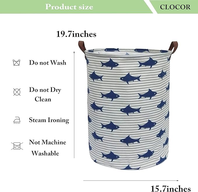 CLOCOR Kids Laundry Basket,Shark Toy Storage Bins,Baby Clothes Hamper,Round Gift Basket with Handles for Bedroom Nursery,Toddler Room Decor (Shark)