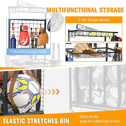 PLKOW Sports Equipment Storage for Garage, Indoor/Outdoor Sports Rack for Garage, Ball Storage Garage Organizer with Basket and Hooks,Toy/Sports Gear Storage